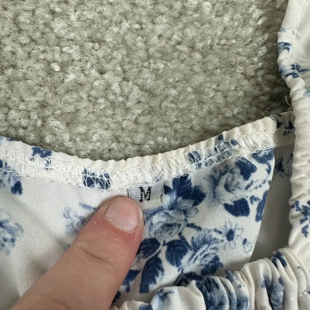 Blue Floral Toile Milkmaid Midi Dress Puff Sleeve Cottagecore Side Slit Medium